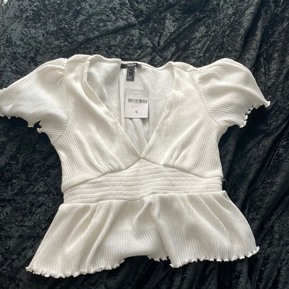 Cream white forever 21 flutter lettuce cut sleeve deep v top